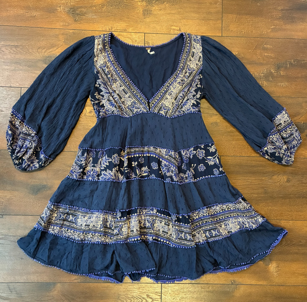 Free People My Love Mini Dress Indigo Blue Boho Pom Pom Paisley Long Sleeve, XS